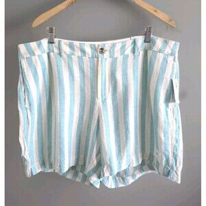 Old Navy Linen Chino Shorts Women's 16  Blue Beige Striped Pockets NWT